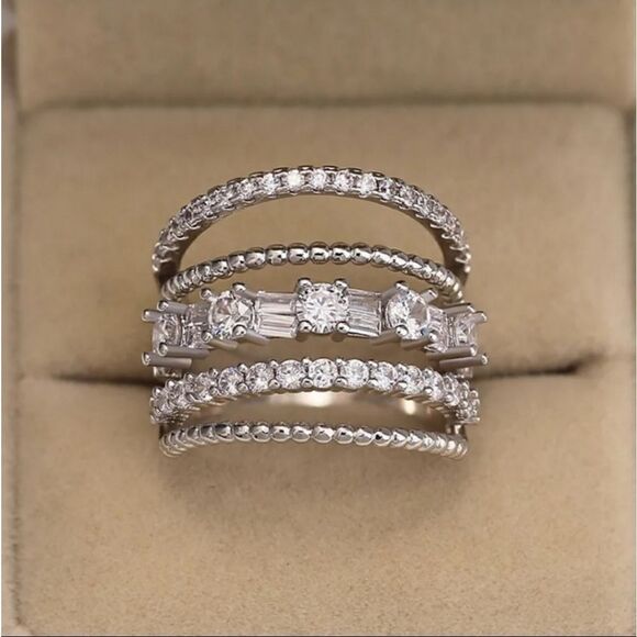 Crystal Multiband Stacked Silver CZ Stone Ring Pave Geometric Twine Multilayered - Picture 2 of 3